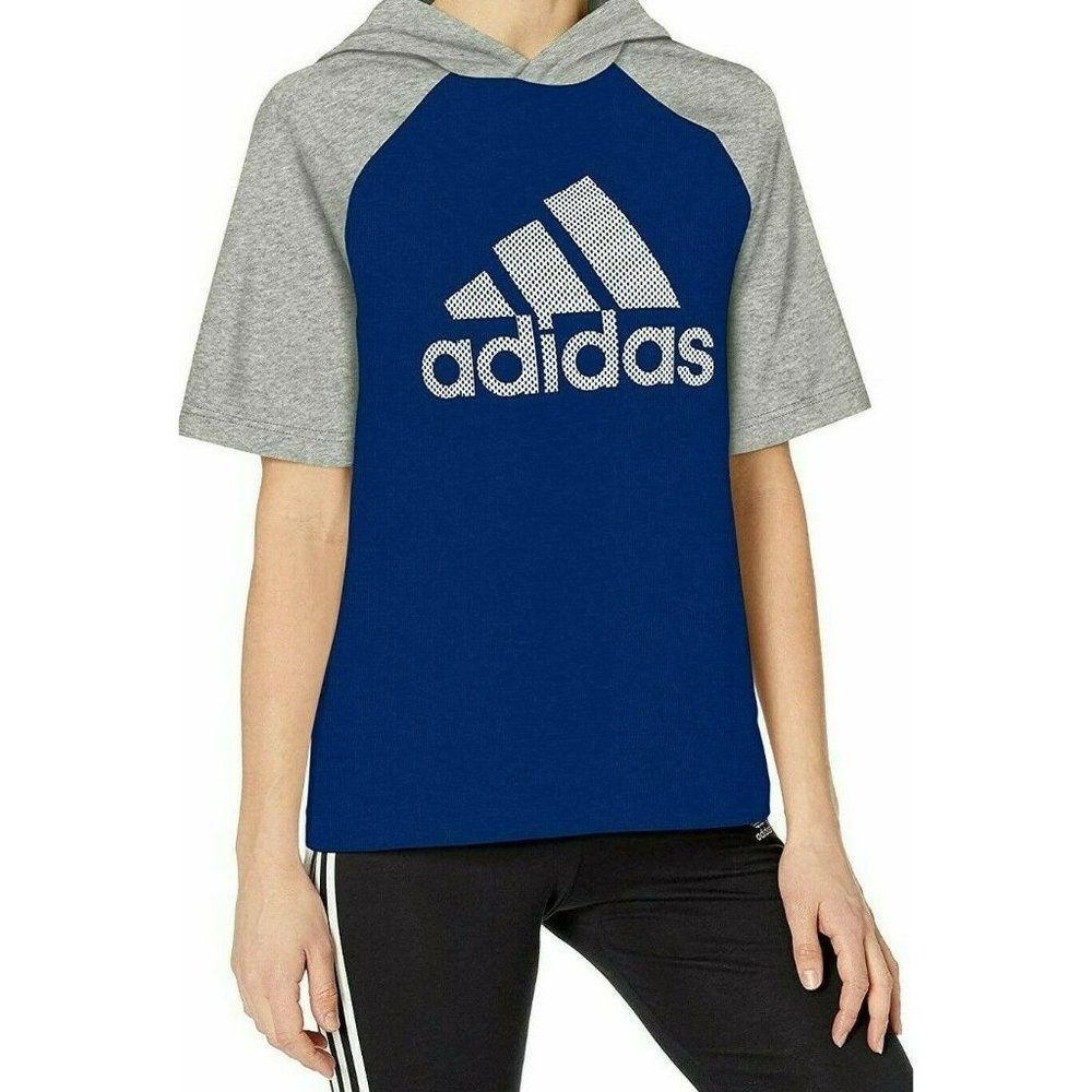 Adidas Mens Gray‎ Blue Short Sleeve Comfort Pullover Fashion Hoodie Size Medium